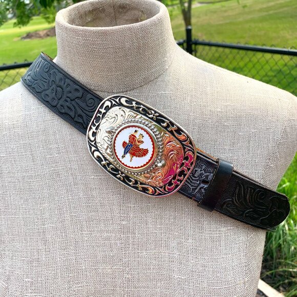Boucle De Ceinture Western Vintage - Chrome & Noir Avec Strass, Style Cowboy